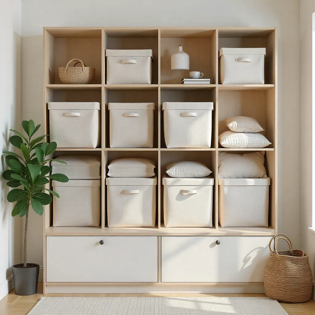 Organized bedroom with fabric storage solutions