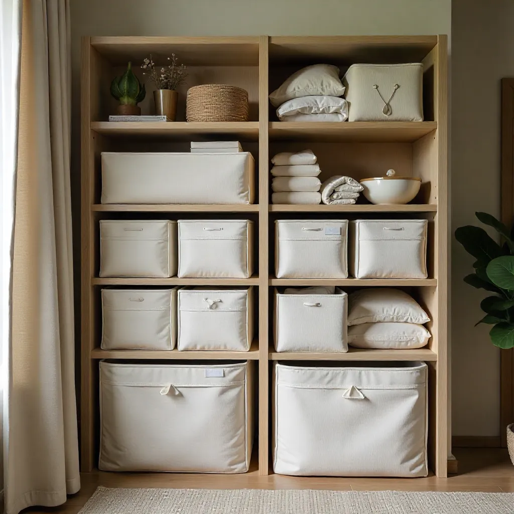 Modern home office with fabric storage cubes