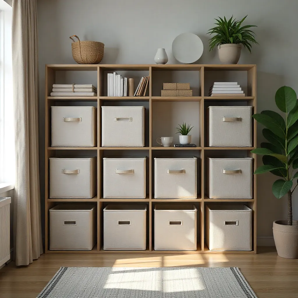Minimalist room with fabric storage solutions