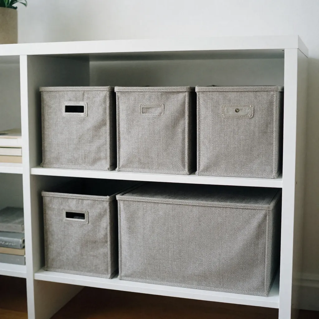 Bedroom with fabric storage cubes on nightstand