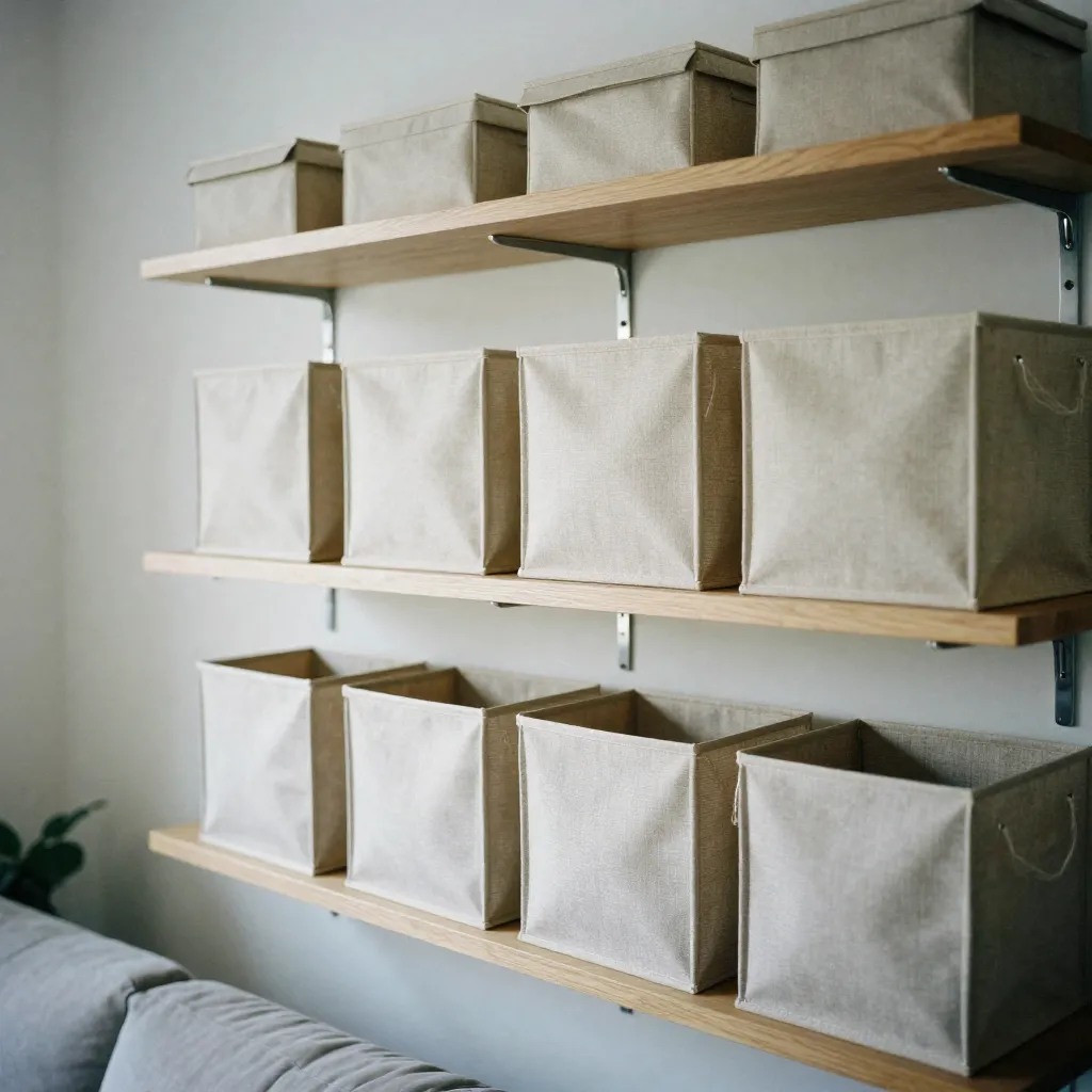 Bedroom closet with fabric storage boxes