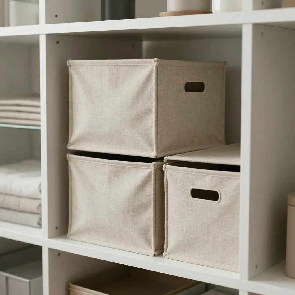 Kids room shelf with fabric storage cubes