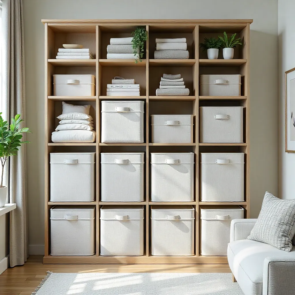Living room with fabric storage cubes on media stand