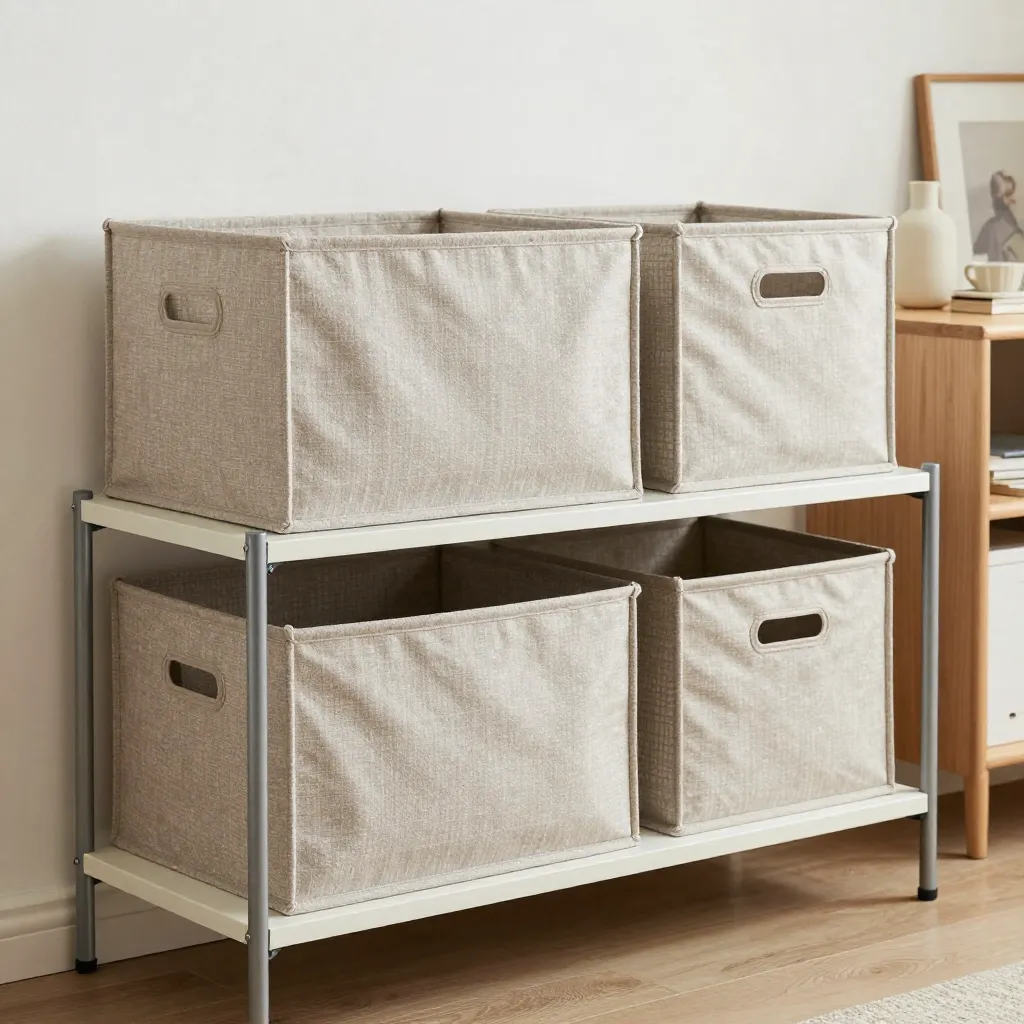 Living room bookshelf with fabric storage boxes