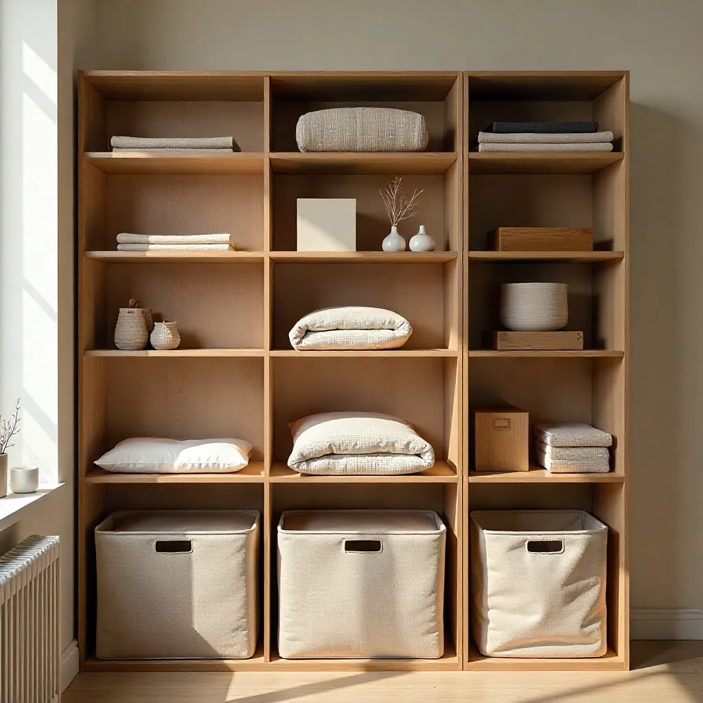 Walk-in closet with fabric storage boxes