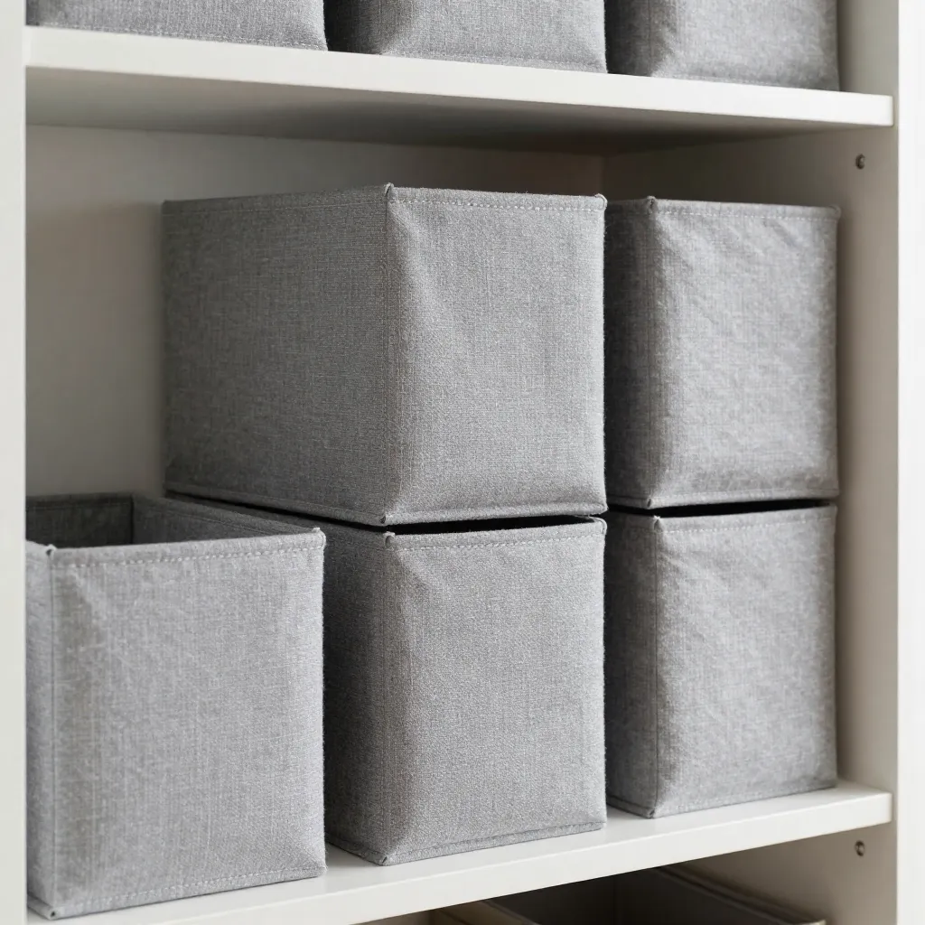 Open shelving with fabric storage cubes