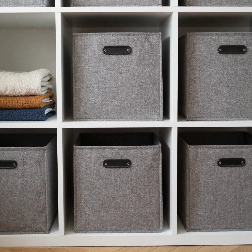 Storage cubes in IKEA-style shelving unit