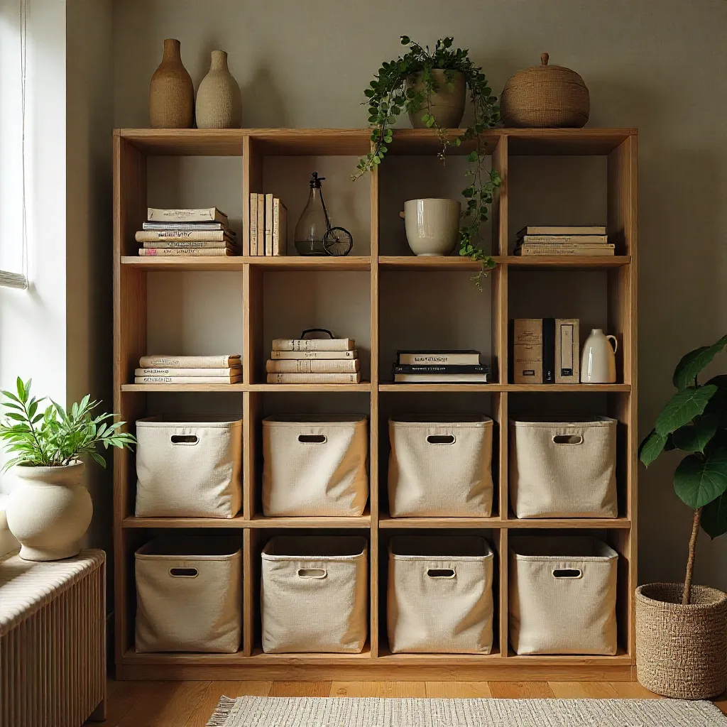 Open shelving with fabric storage cubes