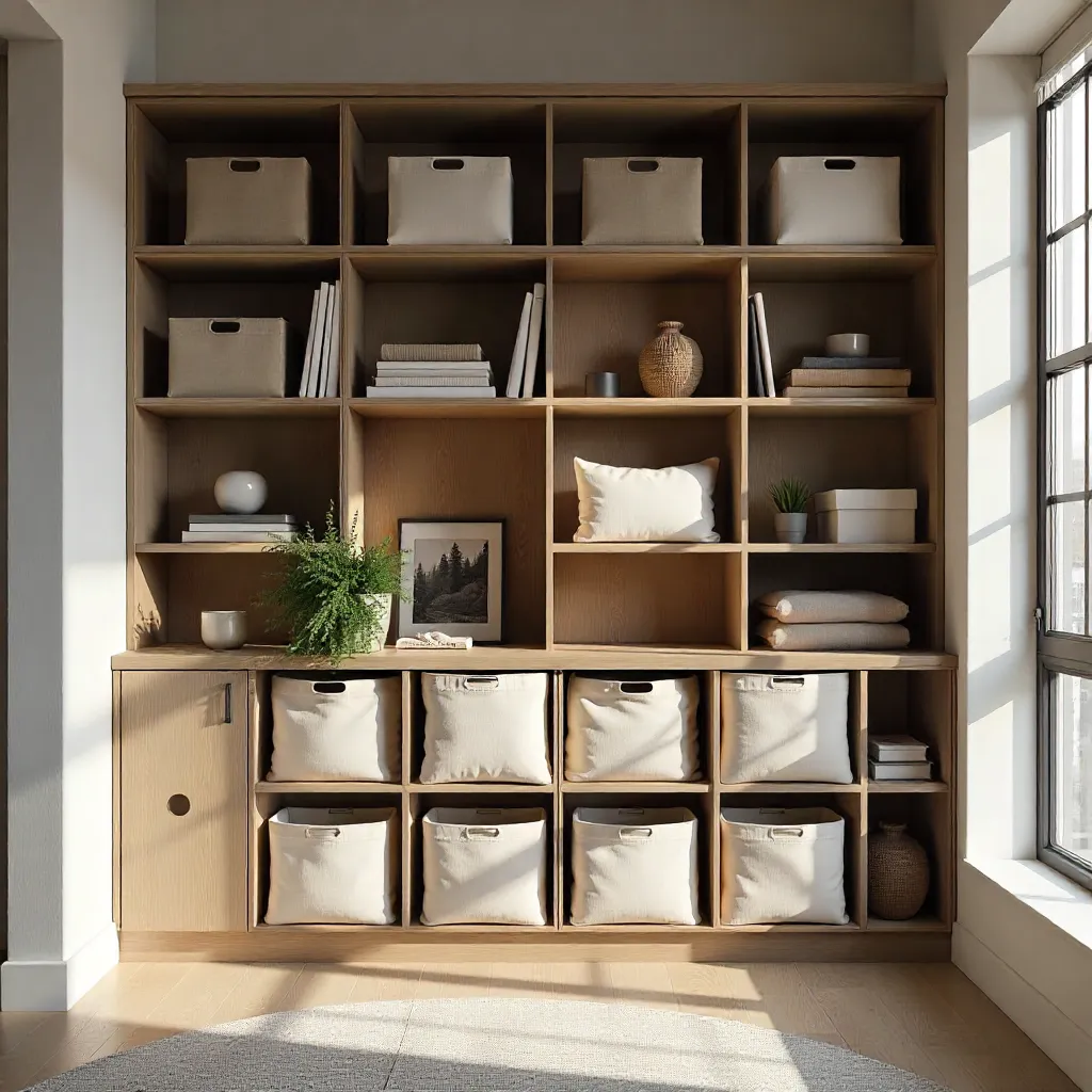 Home office with fabric storage